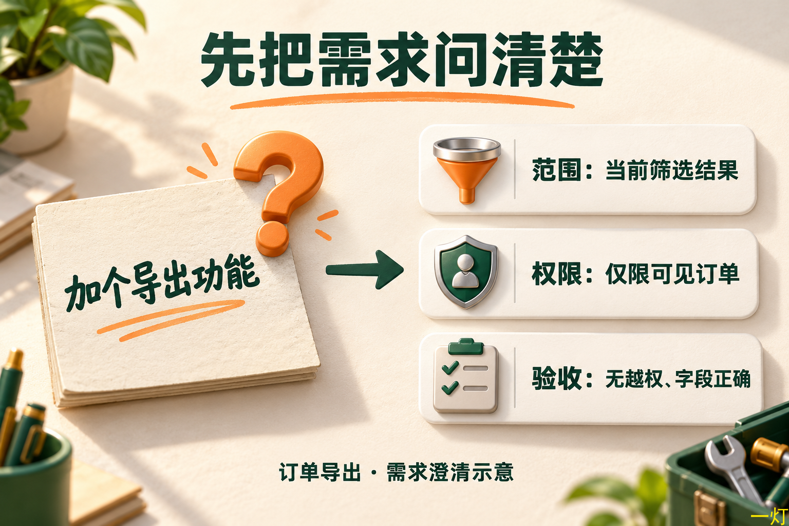 需求澄清示意：一句导出需求，需要补齐数据范围、权限和验收条件