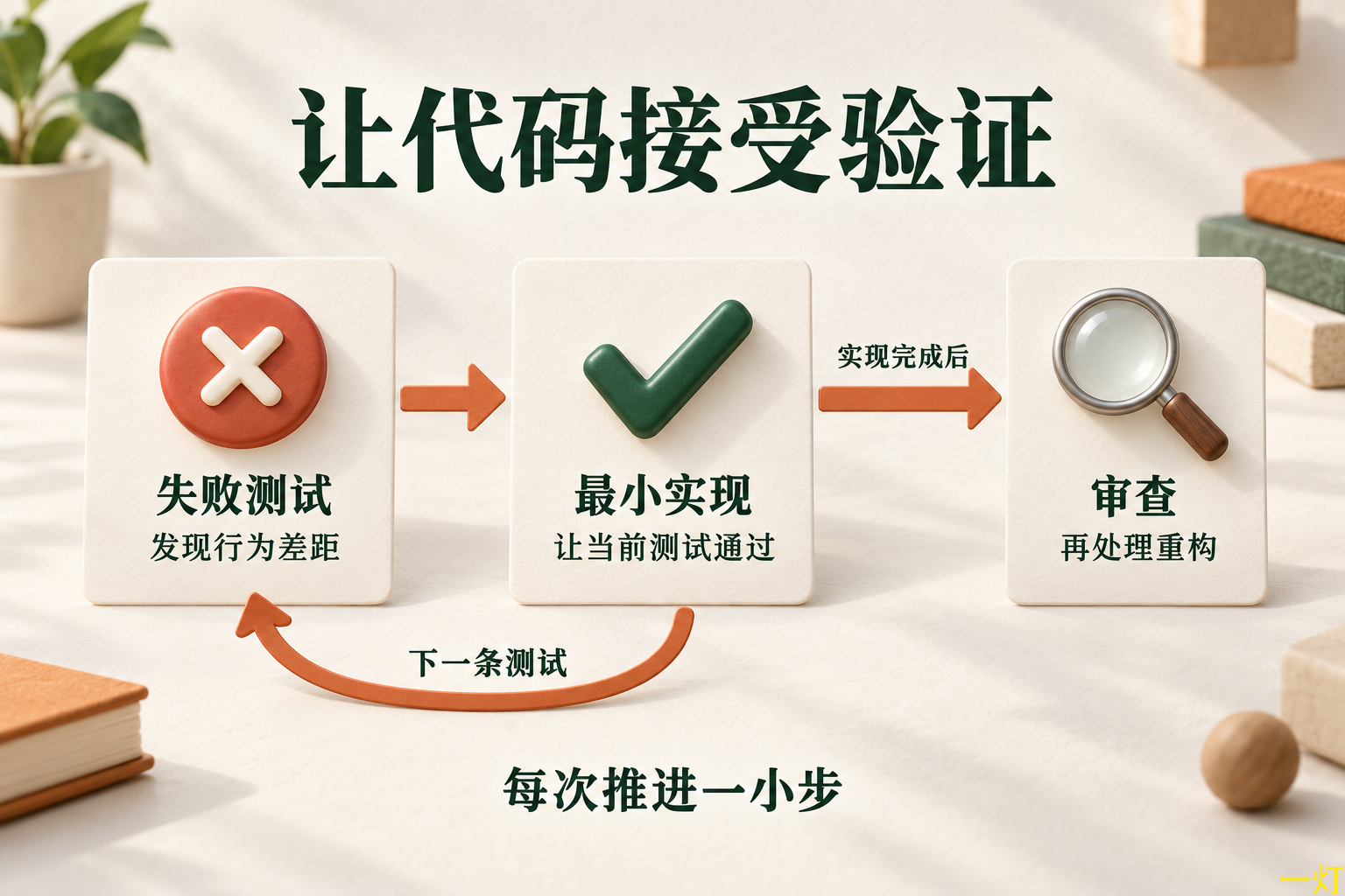 小步验证示意：先用规则暴露失败，再以最小实现通过，重复验证后进入审查