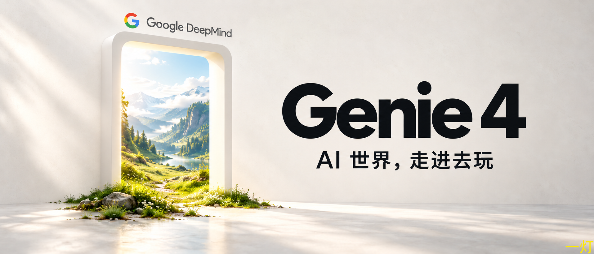 Genie 4 世界模型概念封面：Google 标志、通往山谷的入口与实时交互主题